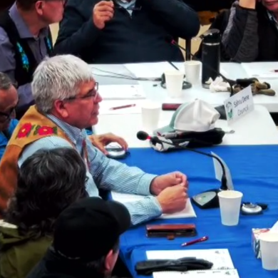 Danny Gaudet is seen in a still from a video stream of a Dene Nation meeting in February 2025.